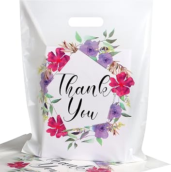 Floral Thank You Bags for Business Small, 100 PCS 12x15 Plastic Bags | Sleek Floral Retail Plastic Merchandise Bags with Handles, Bulk Gift Packaging for Boutique Store Vendors Tradeshow