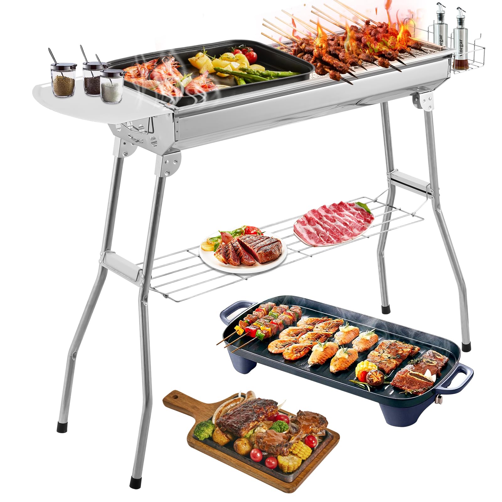Holzkohlegrill Edelstahl Faltgrill Campinggrill 100 x 28x 76 cm, Outdoor Grill, Tragbar Kohlegrill für den Außenbereich für Grillpartys im Freien von 2-8 Personen