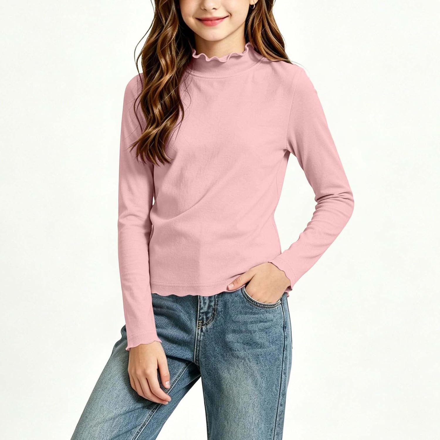 Girls Ruffle Mock Neck Long Sleeve Fitted Layering Tops