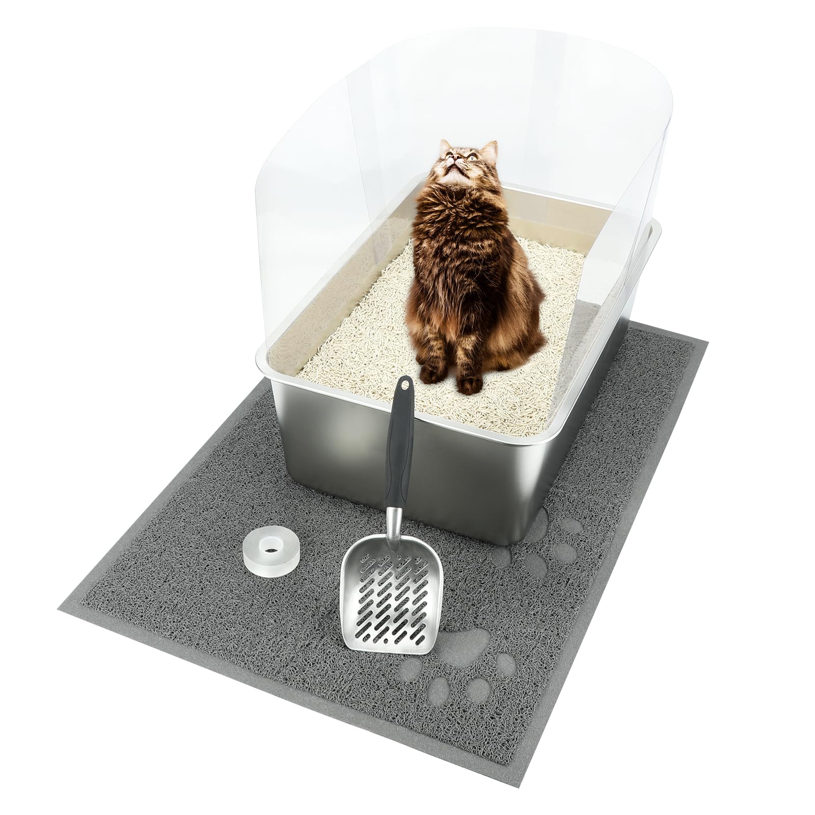 Photo 1 of Rypet 1 SET Stainless Steel Litter Box?Rust Proof Metal Cat Litter Tray?Durable Kitten Litter Box with 1 Cat Litter Scoop?5 Litter Pee Splash Guard and 1 Cat Litter Mat?Easy to Clean(23.6"*15.8"*7.9") 1 SET 23.6"*15.8"*7.9"