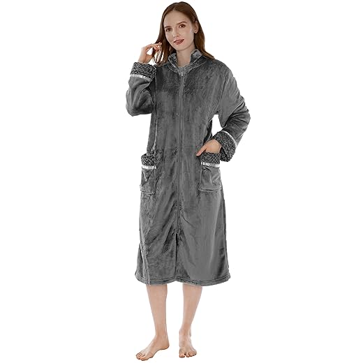 PAVILIA Womens Housecoat Zip Robe, Fleece Zip Up Front Robe Bathrobe, Plush Warm Zipper House Coat Lounger for Women Ladies Elderly with Satin Trim, Pockets, Long - Dark Gray (Small/Medium)