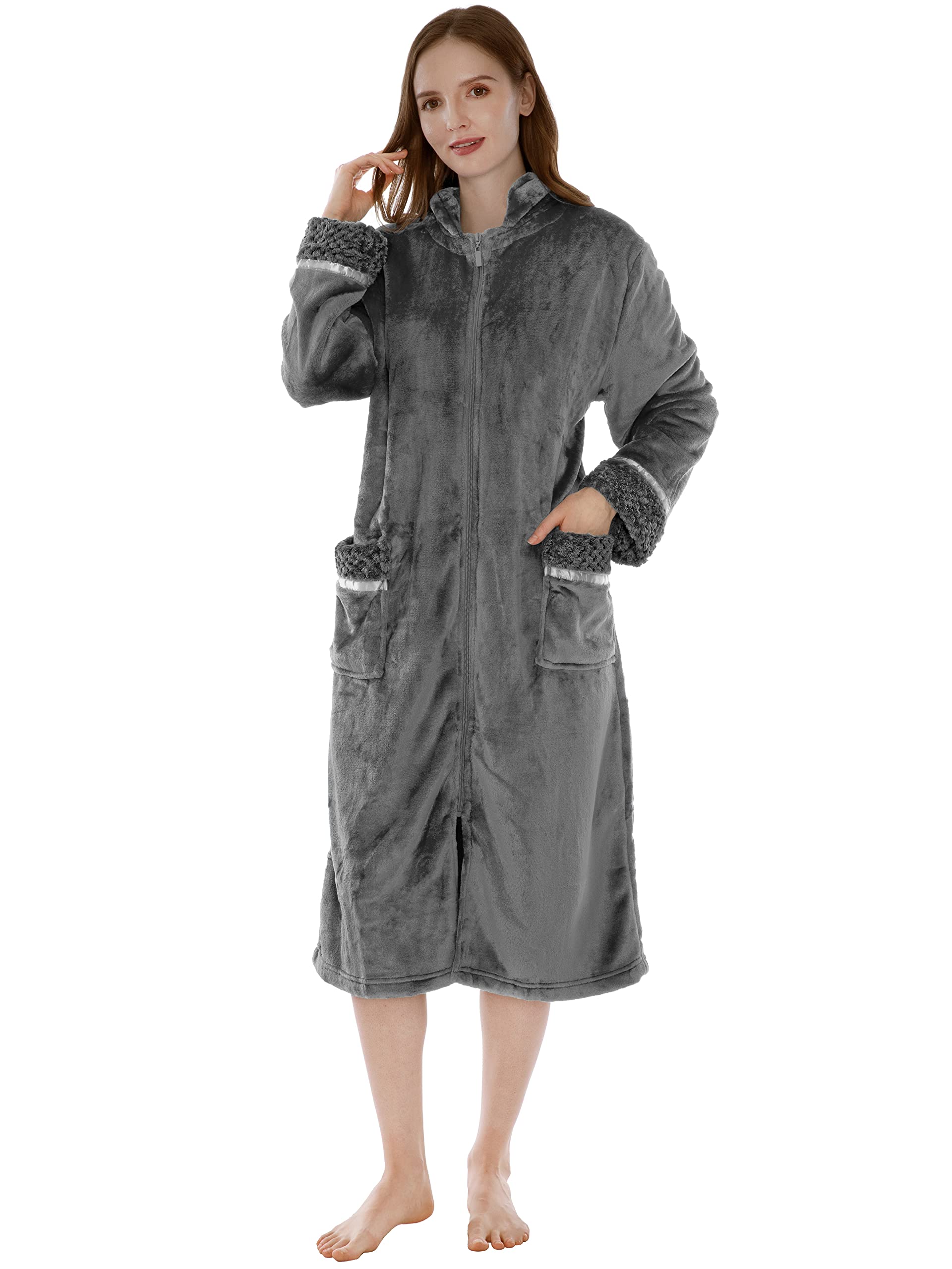 PAVILIA Womens Housecoat Zip Robe, Fleece Zip Up Front Robe Bathrobe, Plush Warm Zipper House Coat Lounger with Pockets, Long