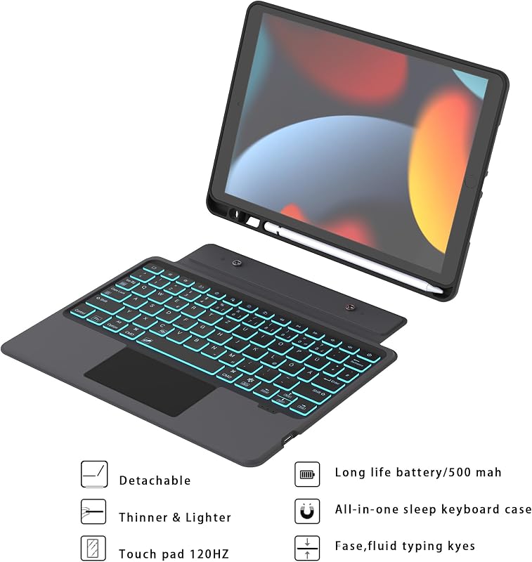 ROOFEI iPad 10.2 Billentyűzet Tok Német QWERTZ Touchpad Világítás Állvánnyal