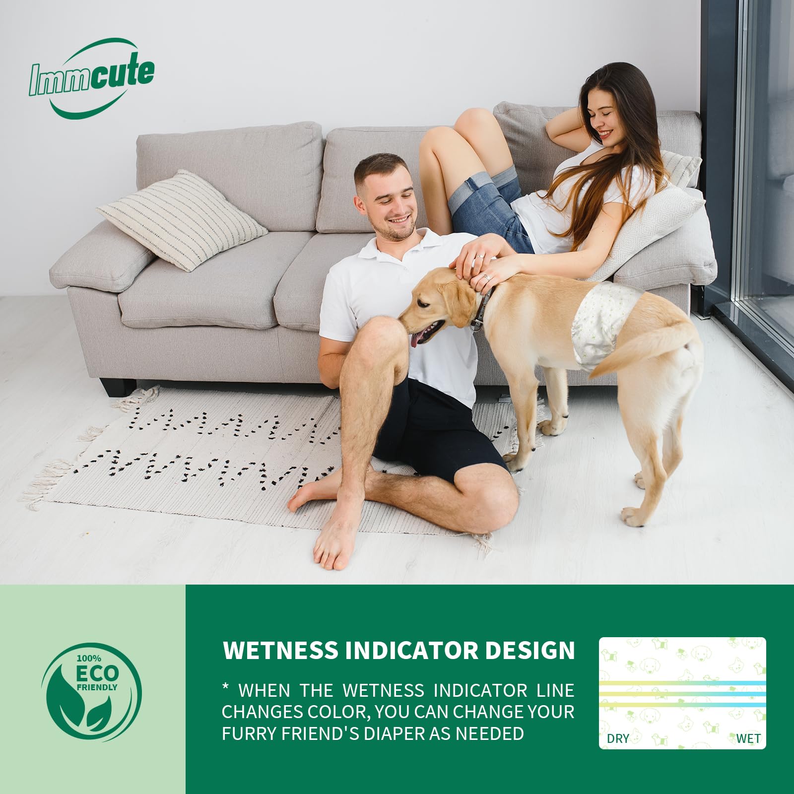IMMCUTE Pañales para perros machos, 50 unidades, tamaño pequeño, envolturas desechables para perros machos con indicador de humedad, pañales ajustables para cachorros, tecnología de gel Flashdry,