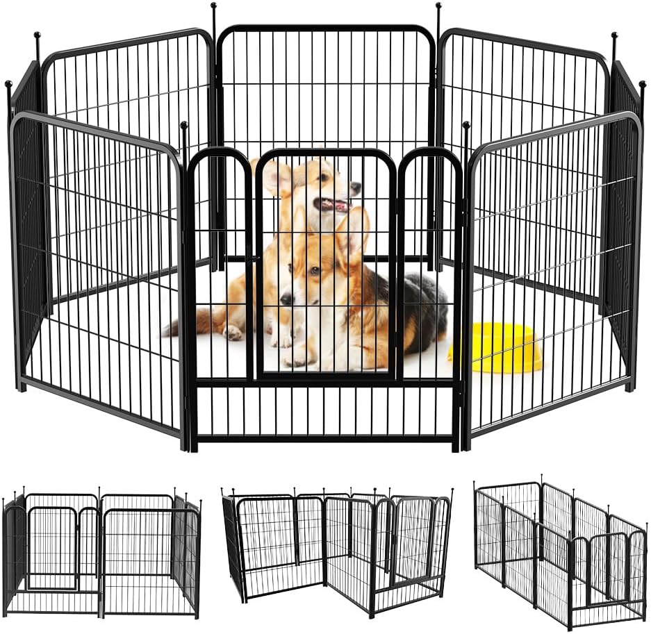 PawGiant Dog Fence Playpen 24โ/32โ/40โ Indoor Outdoor for Small/Medium/Large Dogs, Metal Pet Puppy Cat Exercise Fencing Gate Crate Cage Outside RV, Camping, Yard, Garden