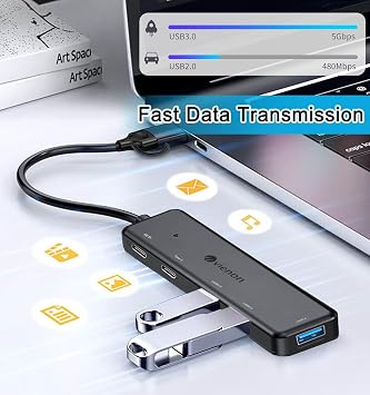 VIENON USB 3.0 Hub (5 in 1), USB C Hub, USB C to USB 3.0 Hub Adapter with USB C Power/Data Ports, USB Extender USB A&C Docking Station for Laptop PC MacBook Dell, HP, PS4/5, SSD and More