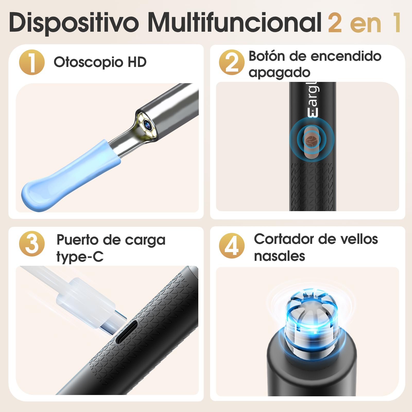 Otoscopio y Cortapelos Nariz 2 en 1 Kit, Limpiador de Oidos Cera con Camara 1080P HD Wifi, Eliminar Cera del Oído y Recortar el Vello Nasal Compatible iOS y Android