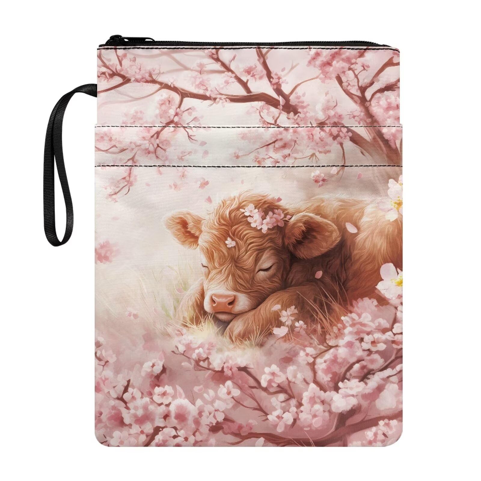UOIMAG Highland Cow Book Pouch for Girls Cute Book Sleeve Cherry Blossom Paperbacks Cover Purse — image 1