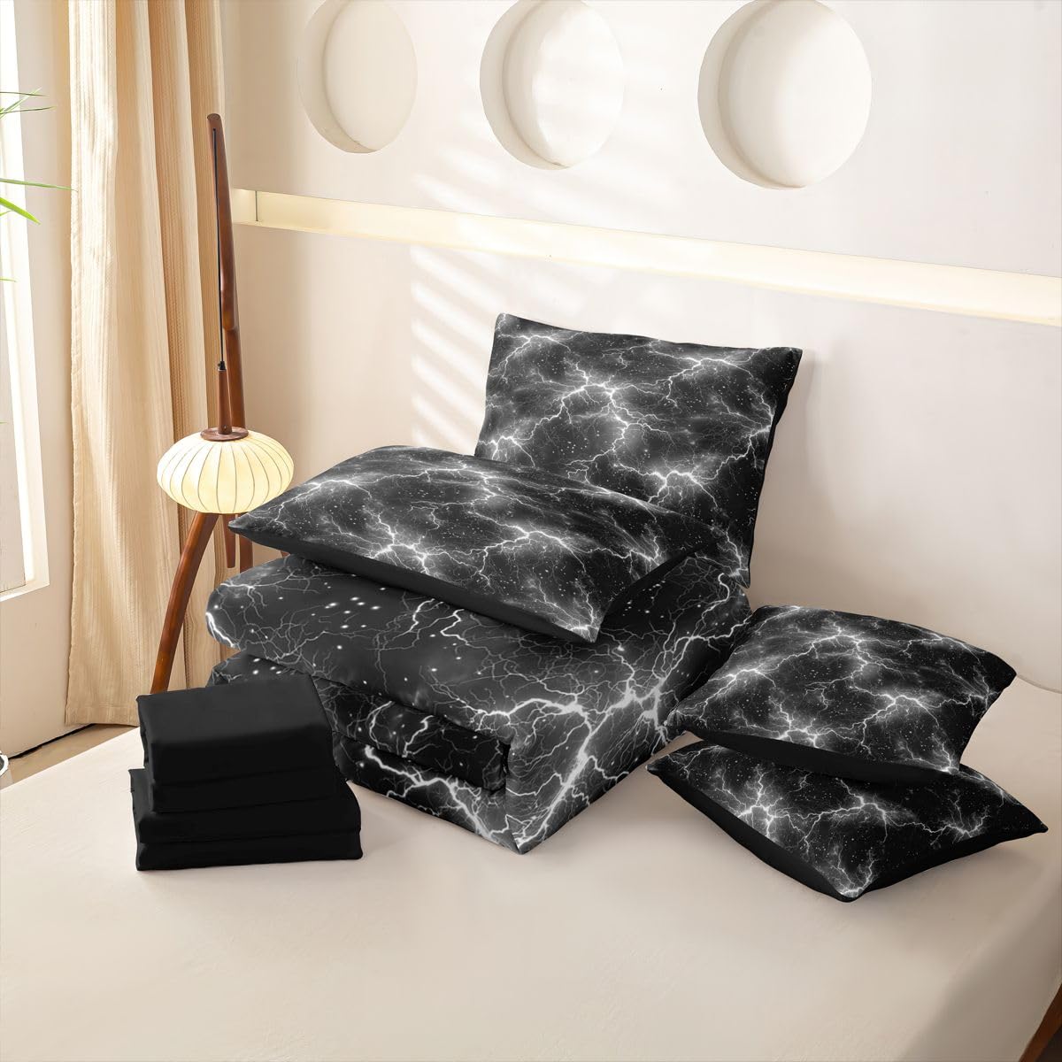 Homewish Schwarz Grau Blitz Bettwäsche 220x240 Set 7teilig