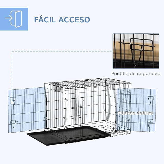 Foto 5 de 8 de PawHut Transportín de Perro de 2 Puertas Jaula de Alambre para Perros Plegable con Asa Acero 106x71x76cm Negro