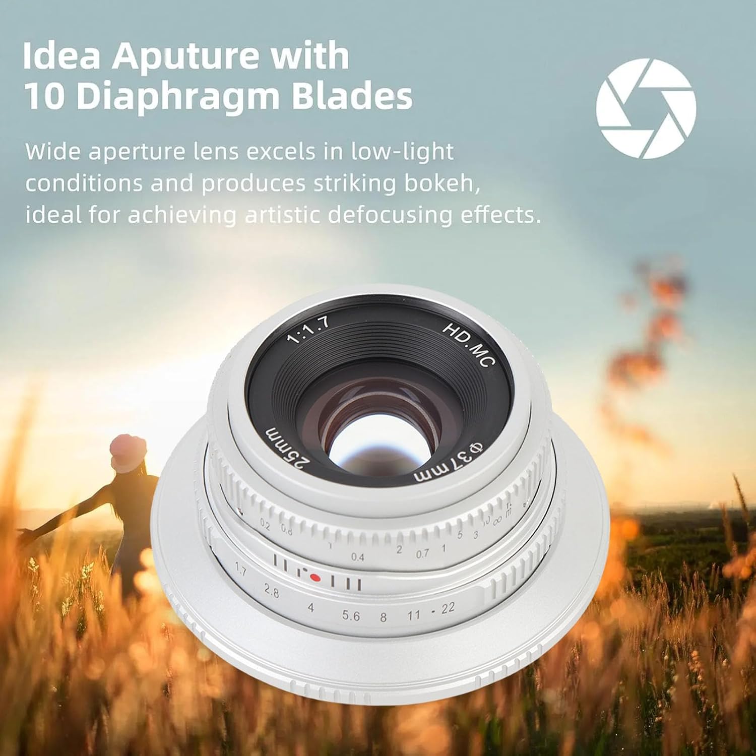 25mm F1.7 Large Aperture Lens, Vintage Swirling Effect Manual Focus for APS-C RF Mount Cameras, 37.5mm Equivalent Length - Silver