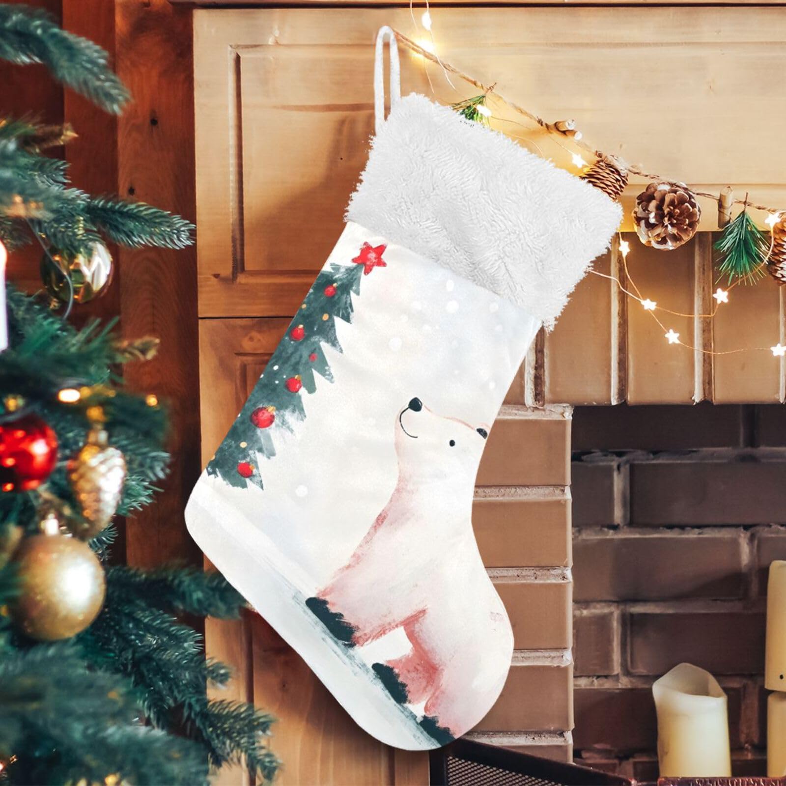 YMGQYJ Bear Christmas Tree Christmas Stocking, Hanging Xmas Stocking, Christmas Socks Decoration for Family Holiday Party, 17.7x12.2 in