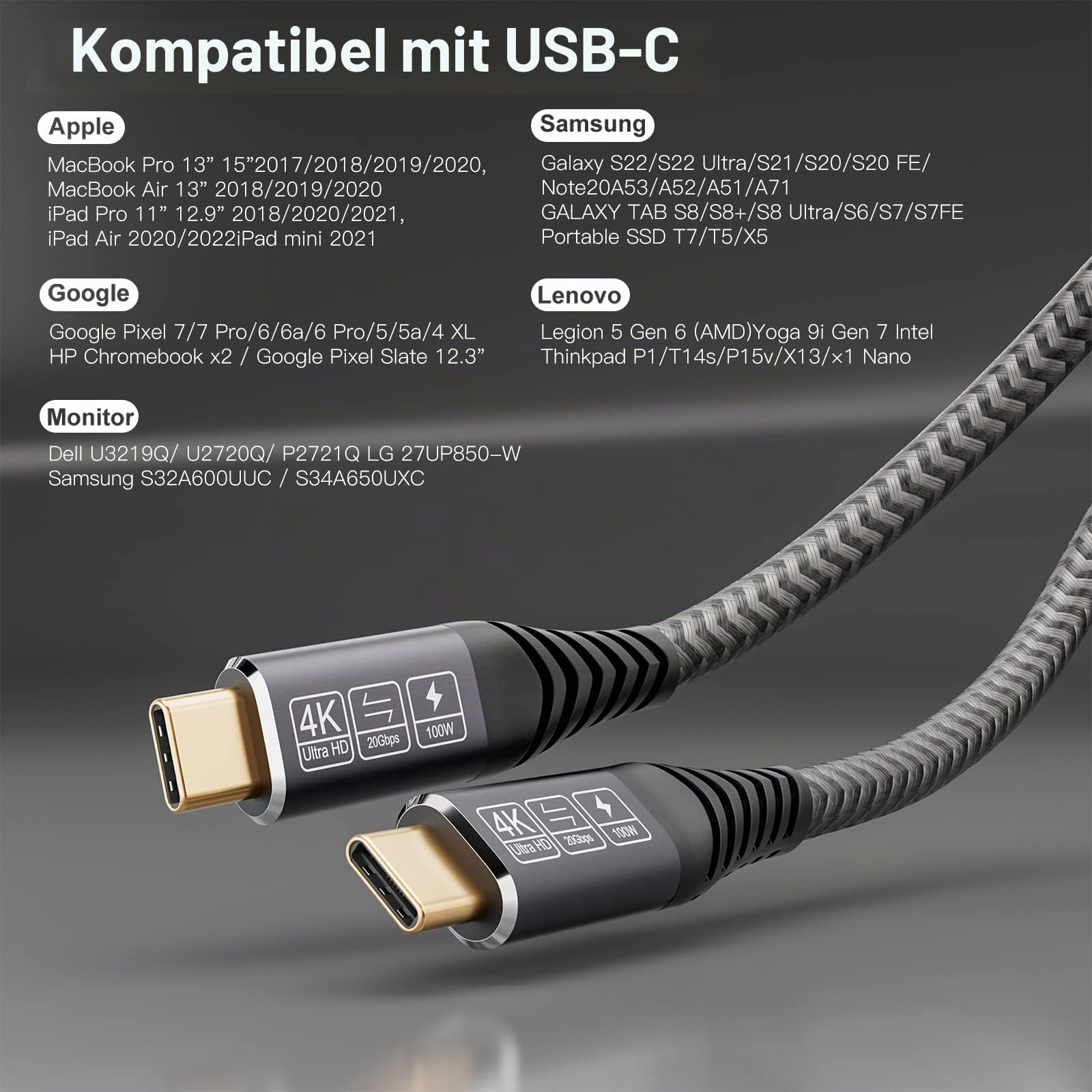 CAKOBLE usb c kabel 4m,[2 Stück 4m] 100W USBC 3.2 20 Gbps datenkabel USBC, 4K@144Hz USB C Lang Kompatibilität Thunderbolt 4 Kabel Für i-Phone 16, MacBook iPad Pro,S25 usb c datenkabel