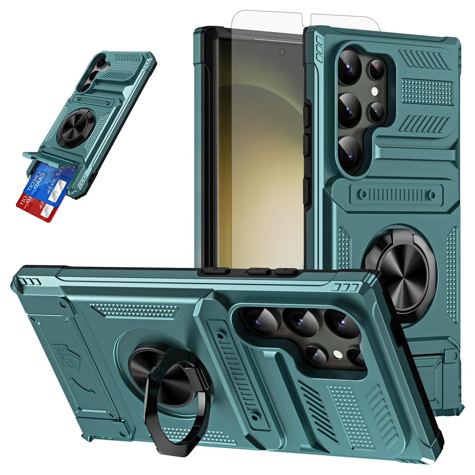 Furiet Phone Case for Samsung Galaxy S25 Ultra 5G with Tempered Glass Screen Protector Card Slot Ring Stand Shockproof Bumper Hybrid Two Layer