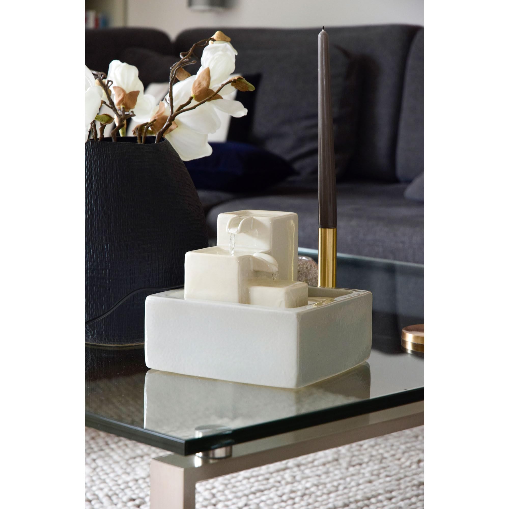 dobar® Petite Fontaine en Cascade en céramique à Trois Niveaux avec Design en Pierre - Fontaine d'intérieur avec Pompe Incluse - 19 x 19 x 16,5 cm - Blanc