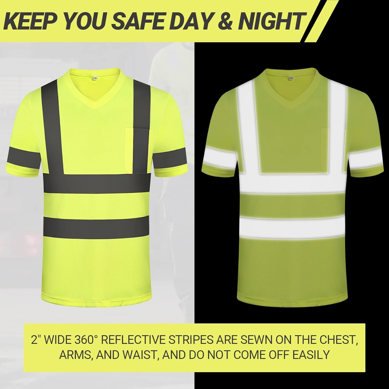 Riyiper 6-Pack XL Safety Shirts - V-Neck, Fluorescent Yellow, Breathable, Unisex, Reflective Workwear