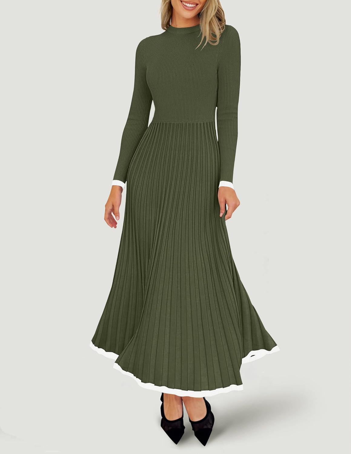 ZESICA Women's Long Sleeve Sweater Dress Fall 2026 Crewneck Ribbed Knit Pleated A-Line Maxi Wedding Guest Dresses - Image 3