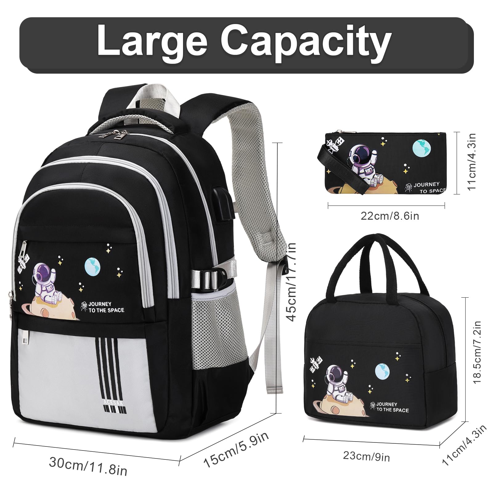 ACESAK Zaino per ragazzi – Zaino per bambini con borsa per il pranzo – Set di libri per bambini ragazzi ragazze adolescenti scuola elementare media, Grigio, Large, Zaini Daypack