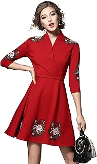Women's V Neck 3/4 Sleeves Floral Embroidery Cocktail A-Line Midi Dress - coolthings.us