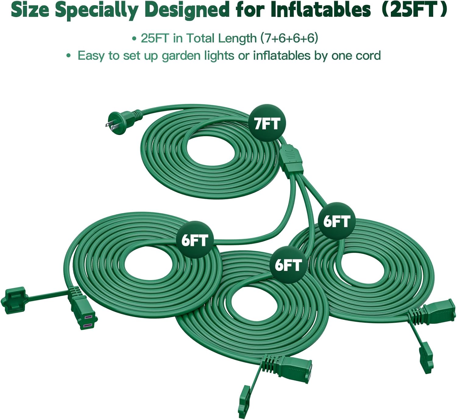 25Ft 3 Outlets Green Outdoor Extension Cords for Halloween Christmas Inflatables Blow Ups Yard Waterproof Outside with Multiple Outlets Extension Cord Power Splitter for Christmas Lights Decorations