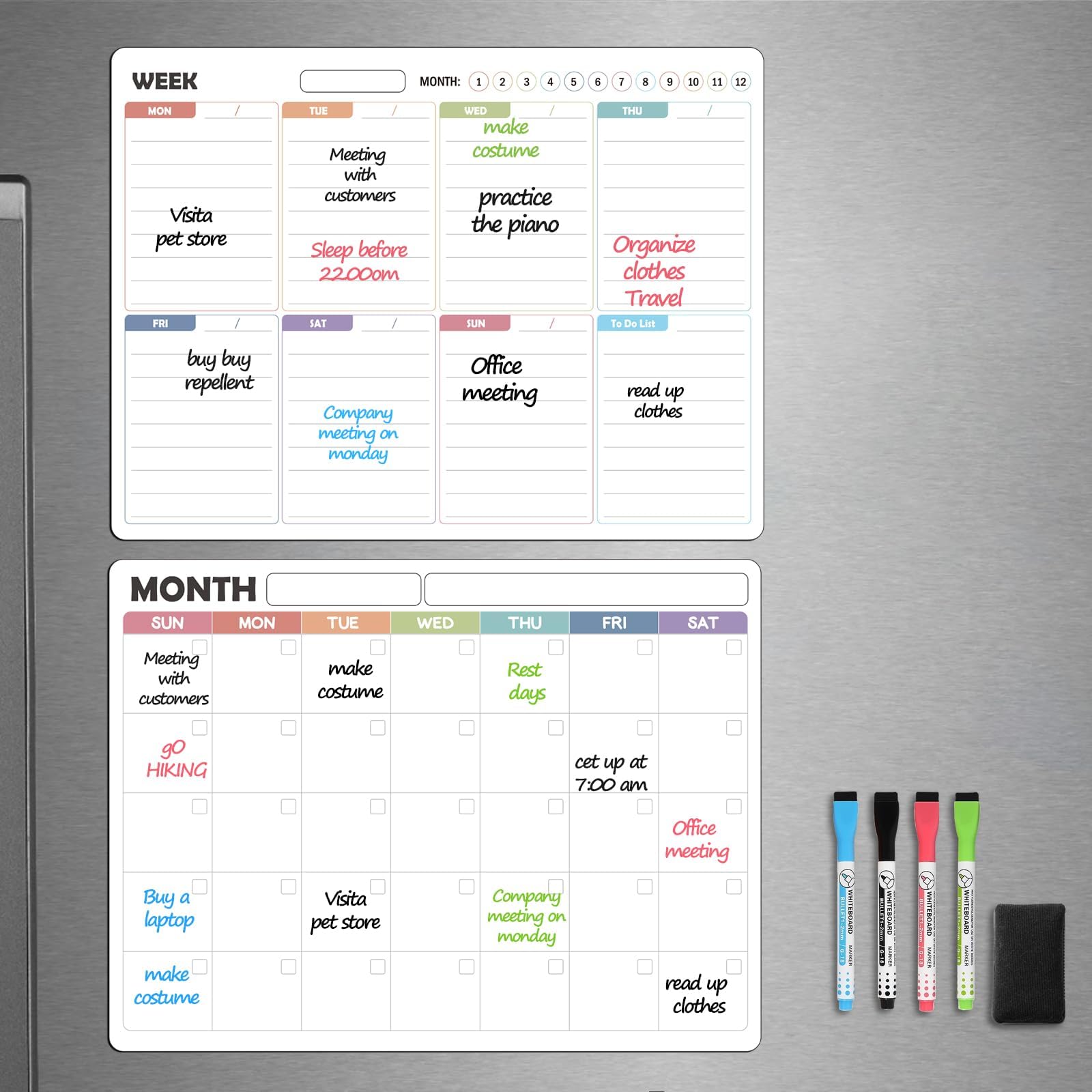 Magnetic Dry Erase Calendar Set – 14x11” Monthly & Weekly Planners for Refrigerator – Stain-Resistant Surface with Markers & Magnetic Board Eraser