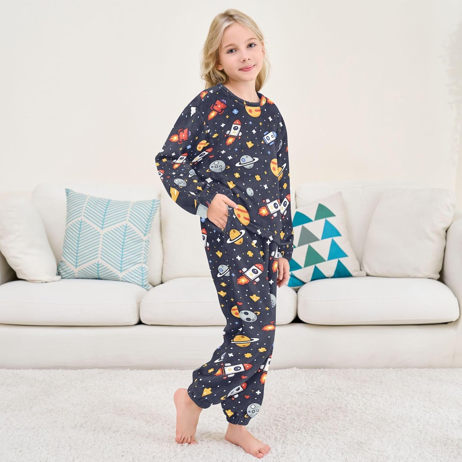Kids Flannel Sets Rocket Planet Stars Warm Plush Relaxed Clothing for Boys and Girls