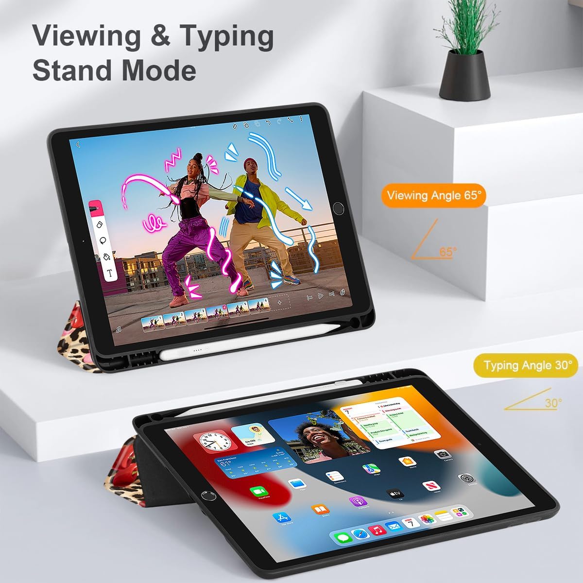 May Chen Case for iPad 10.2 Inch 2021 2020 2019 iPad 9th/8th/7th Generation with Pencil Holder, Slim Stand Protective Case with Soft TPU Back, Auto Sleep/Wake Cover, Cherry & Cheetah - Image 4