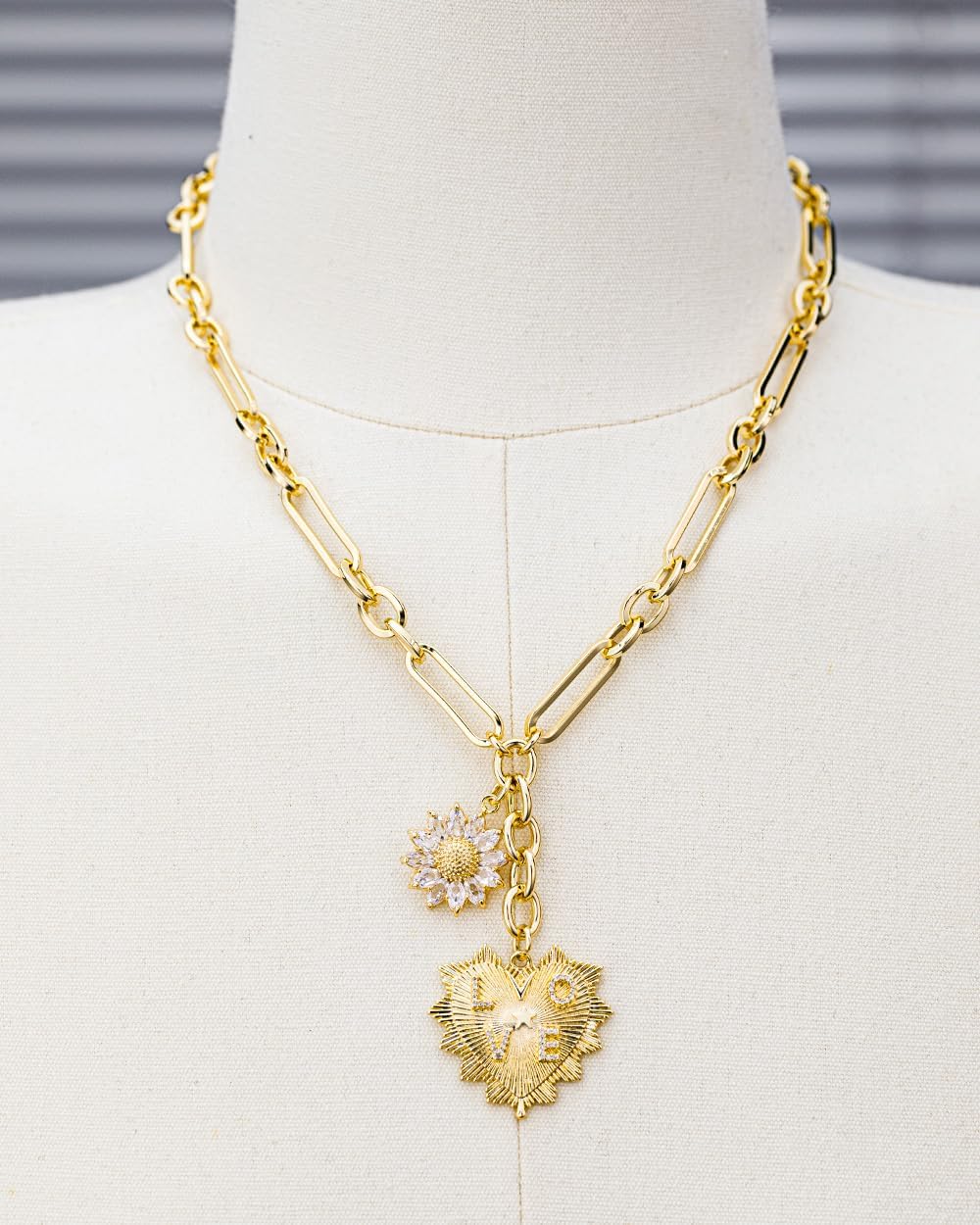 Sun Heart Charm Choker Gold Necklace for Women Men,18k Gold Plated With Zircons Inlaid Pendants,Thick Chunky Paperclip Chain Hip Hop Necklace Unisex Jewelry,Cuban Link Chain (Flower) - Image 6