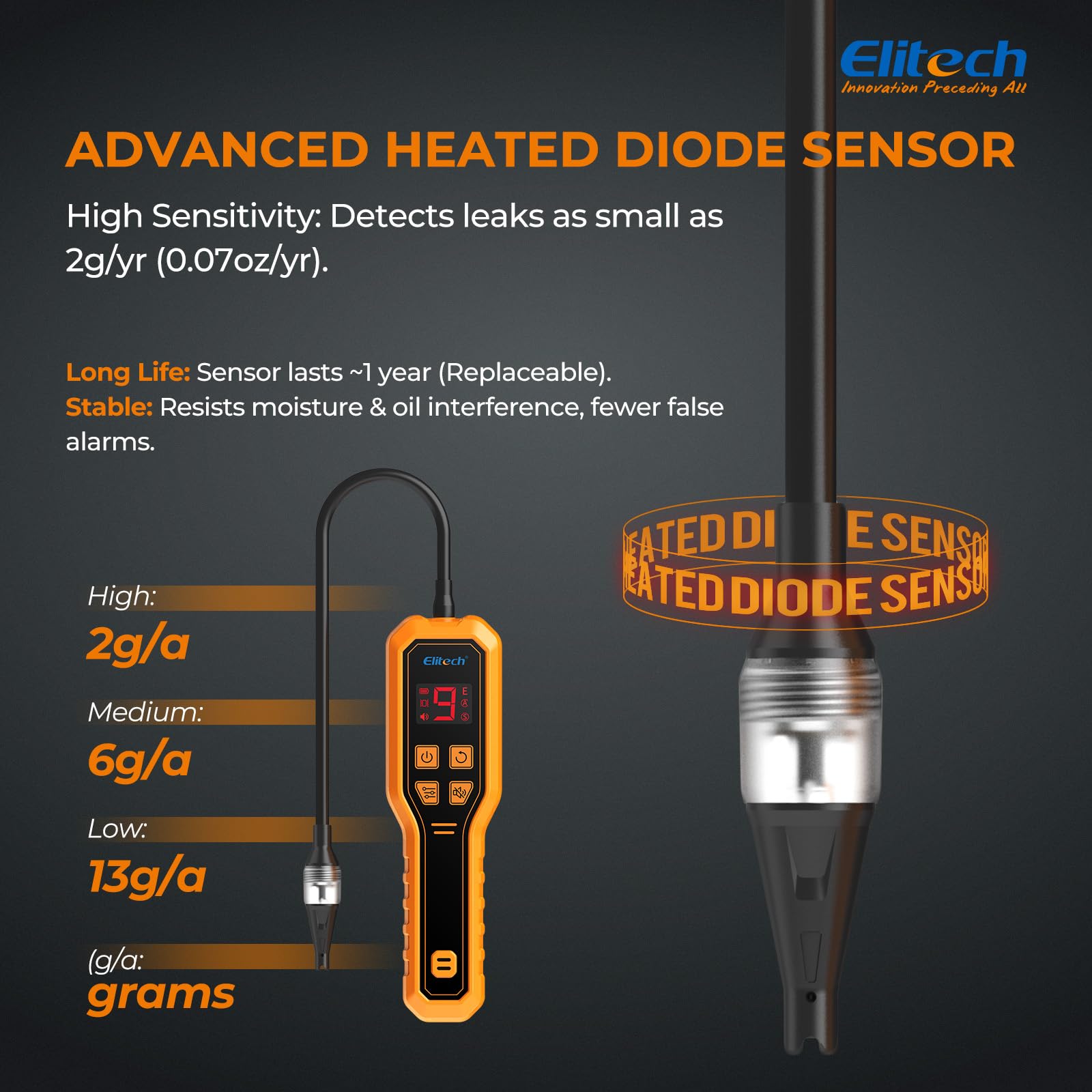 Elitech ELD-270 Detector de Fugas de Refrigerante HVAC – Pantalla Digital y Alarma Vibrante para R32, R410A, R134A, R1234yf