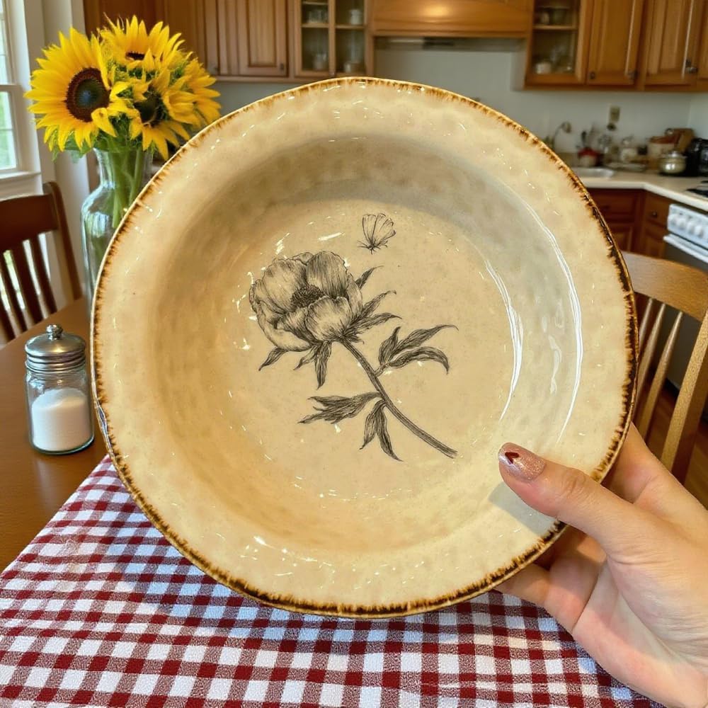 Straw Hat Plate Floral Deep Pasta Western Dinner Vegetable Salad Dessert Ceramic Household Snack Breakfast Bowl Bird'S Nest Fruit Ice Cream Soup (Camellia,8.5 inches)