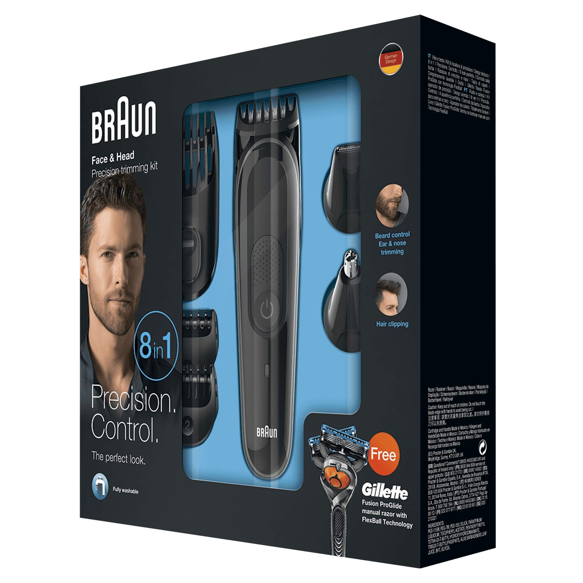 Braun MGK3060 Corta Barbas Hombre 8En1 Recortadora Barba y Cortapelos para Nariz y Orejas, Pequeños Detalles, Cuchillas de Larga Duración, Maquinilla Gillette Fusion5 ProGlide con Tecnología FlexBall