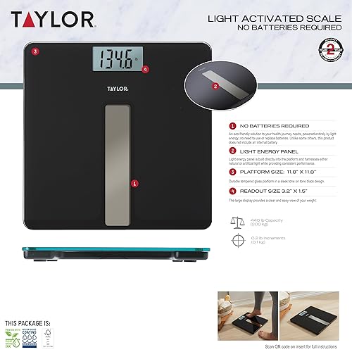 Miniatura 8 de Taylor Báscula digital de baño ligera, plataforma grande y duradera, panel alimentado por luz con energía infinita, no necesita baterías, ahorro de