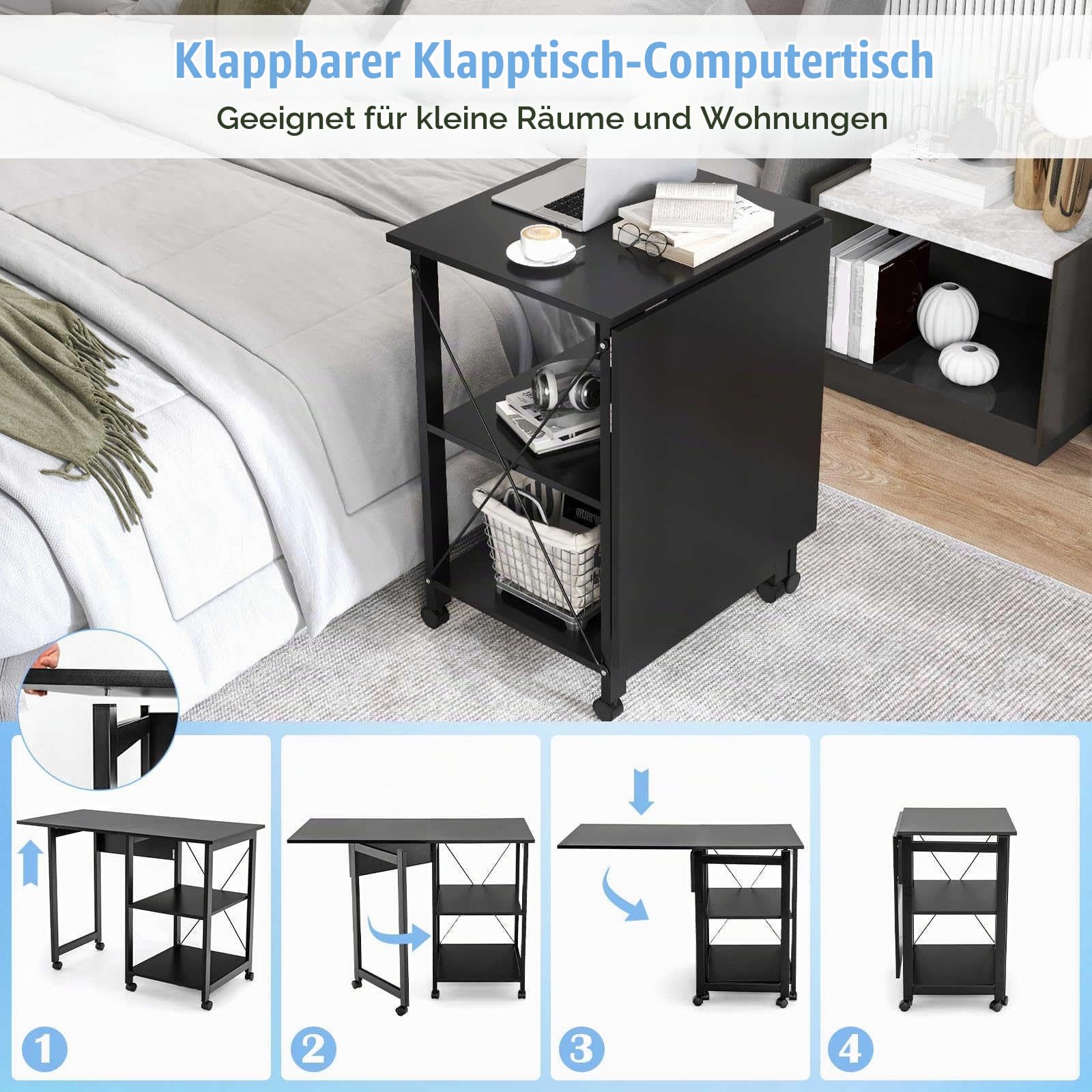 GIANTEX Klappbarer Schreibtisch & Druckertisch mit Rollen, Computertisch Laptoptisch mit 3 Ebenen, PC Tisch Arbeitstisch aus Holz & Metallrahmen, moderner Bürotisch für Zuhause Heimbüro 107,5x54x77 cm