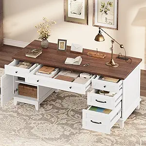 GarveeHome Executive Desk with File Drawers, Farmhouse Home Office Desk with Charging Station, 60" Wooden Computer Desk with Cabinet Storage for Work Study Writing, White Walunt