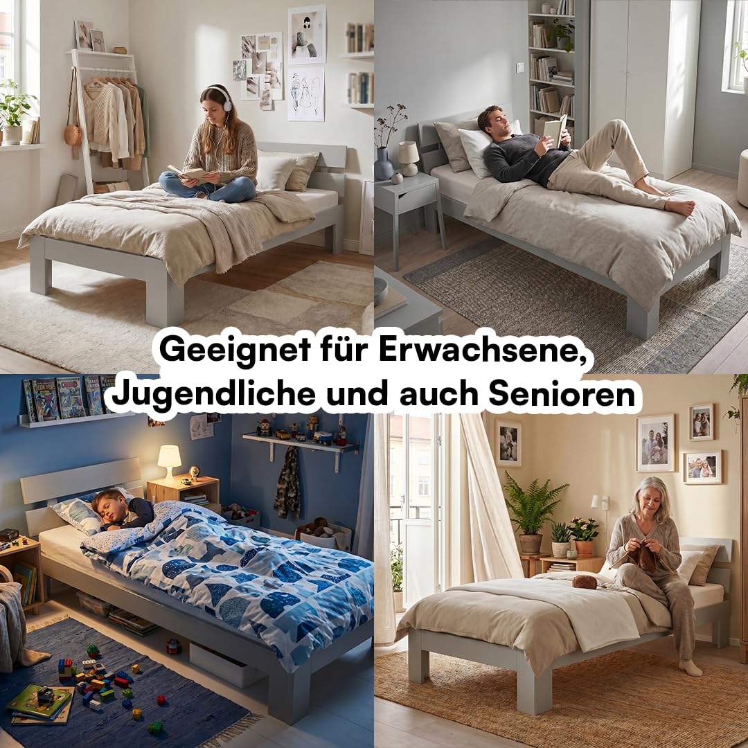 Bellamio Kavir Holzbett 90x200 cm – Massivholzbett mit Lattenrost – Bett aus Kiefer Massivholz in grau lackiert – Bettgestell mit Bettkopf – Stabiler Bettrahmen bis 120 kg – geeignet als Einzelbett