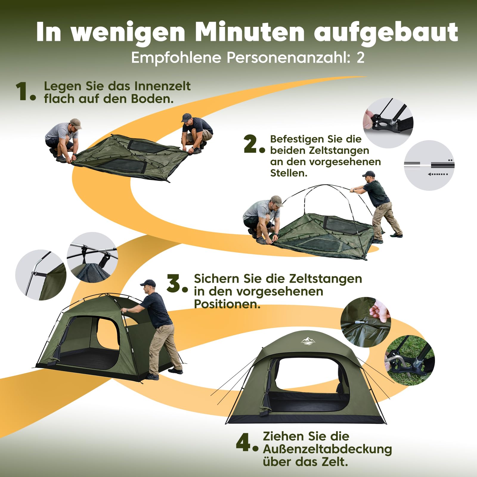 Purebox Zelt 3-4 Personen Camping Zelt mit 2 Türen & Regenabdeckung, Wasserdichtes Windstabiles Familienzelt mit Netzbelüftung