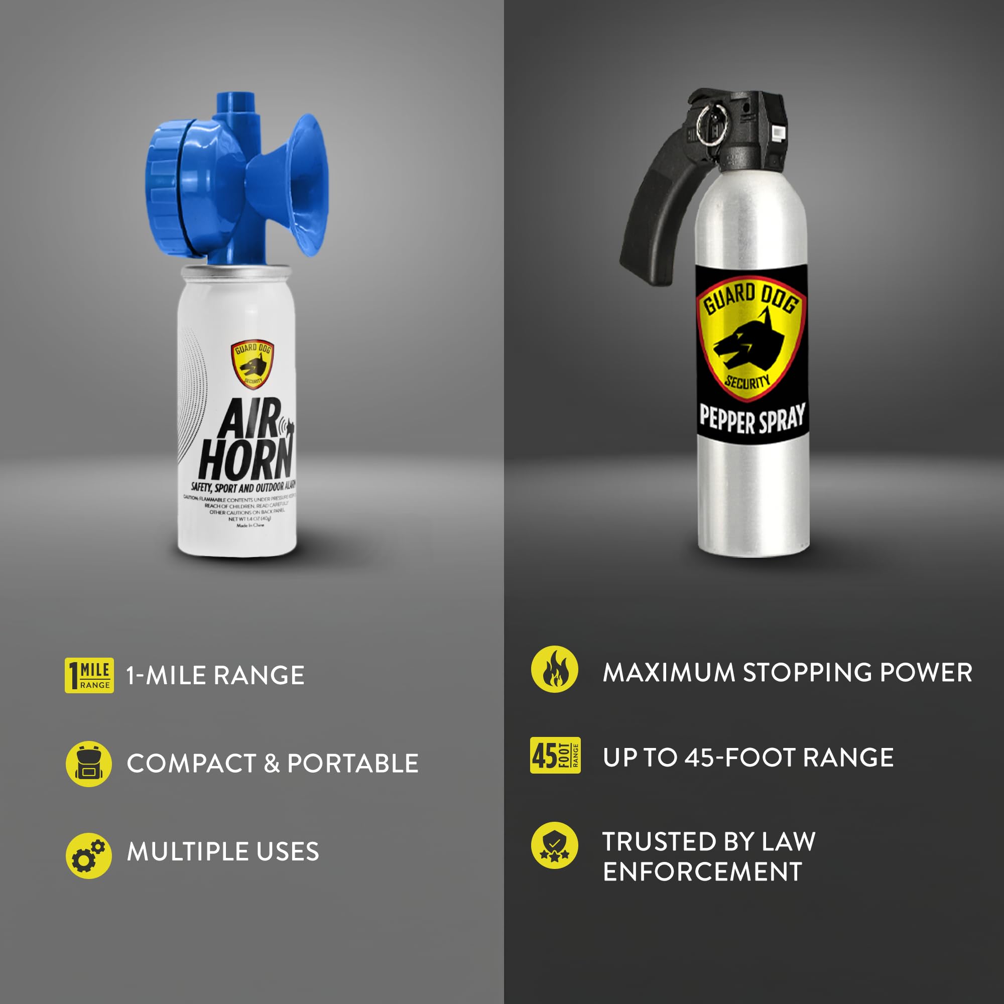 Guard Dog Security Pepper Spray Self Defense and Air Horn, Maximum Strength Home Defense Spray Pistol Grip and Loud Horn, Easy Access Outdoor Personal Protection, Crowd Control