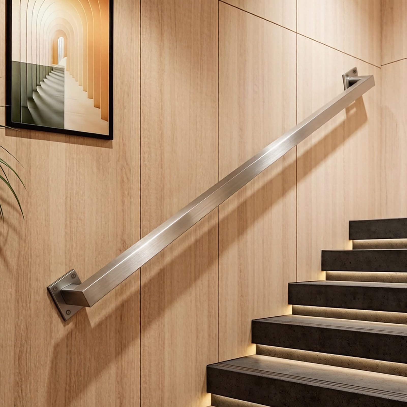 Liyadolaam Women's One Color Modern Stairway Railings, Wall Mount Support Metal Banister Rails Sliver Square Pipe Staircase Handrails For Home/Hotel/Decor Remodeling(14Ft/420Cm)