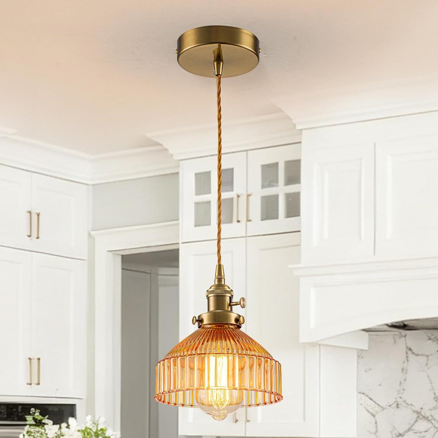 Pendant Light Kitchen Island, Amber Pendant Light with Rotating Switch, 6.7" Mid Century Glass Hanging Light Fixture for Dining Room Bedroom Hallway Bathroom Bar, Adjustable Height