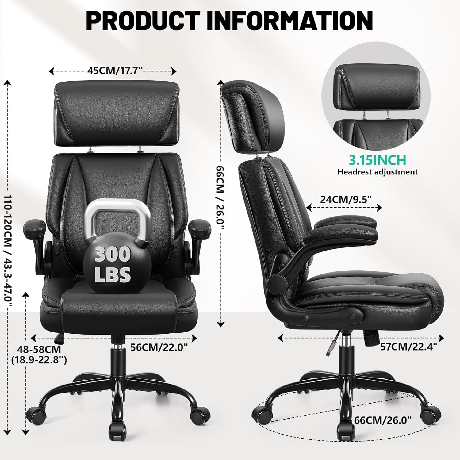 Executive Office Chair with Adjustable Headrest, Ergonomic Desk Chair with Lumbar Support, Big and Tall Computer Leather Chair with Flip-Up Armrests for Home Office Gaming - Black - Image 2