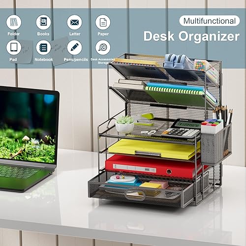 Miniatura 7 de Marbrasse Organizador de archivos de escritorio de malla de 4 niveles con 5 soportes verticales para archivos + bandeja de papel organizadora de