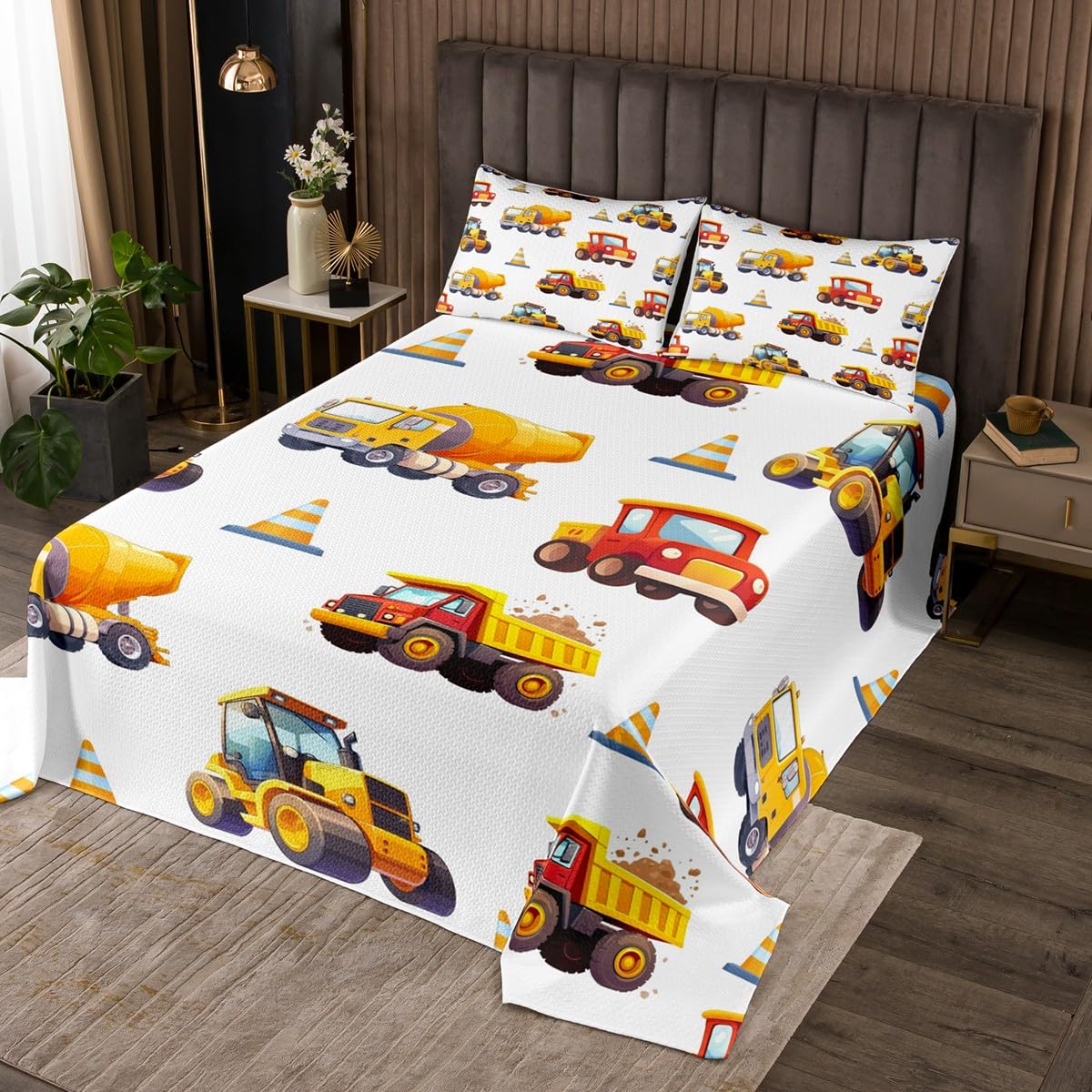 Manfei Construction Vehicles Kids Bedspread Queen Size,Excavator Tractor Equipment Trucks Coverlet Set,Boys Girls Room Decor,Cartoon Cars Quilted Coverlet,Yellow White Bedding Quilt,2 Pillowcases