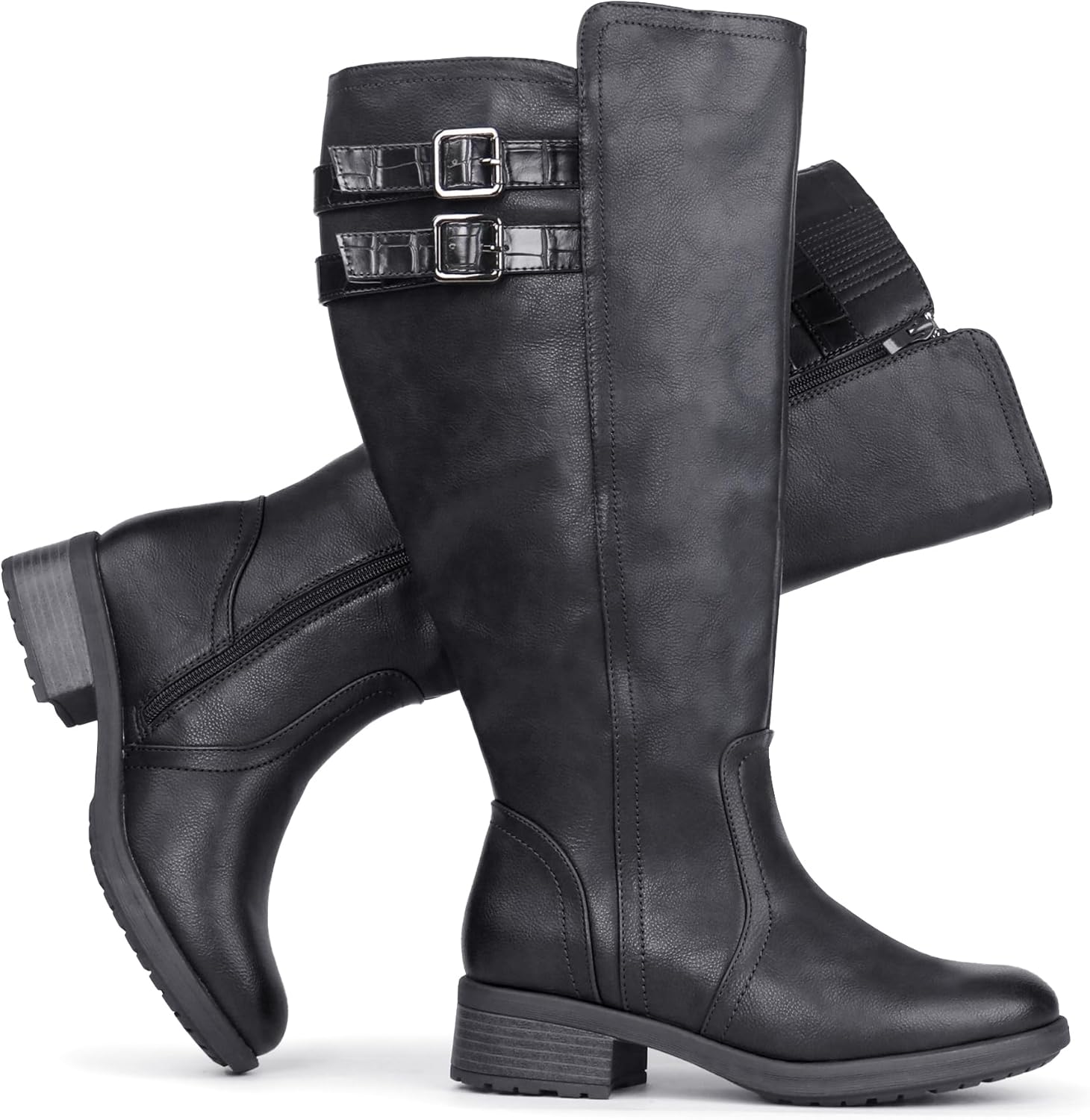 Women's Extra Wide Calf Block Heel Stacked Buckle Hidden Stretch Knee High Boots