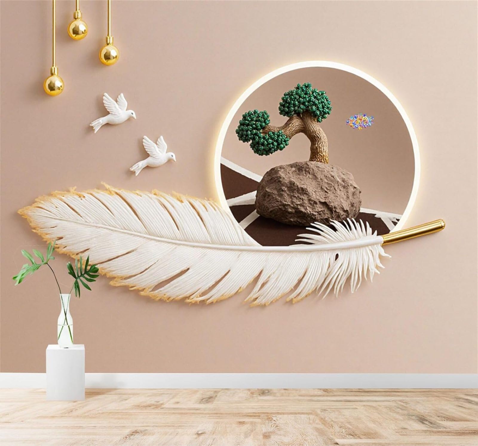 Tzxztt 400Cm×280Cm(B×H) Minimalist Art Bonsai Tree White Feathers Flying Pigeons Modern 3D Wallpaper Premium Textured Silk Neutral Tones Material Ideal For Living Room Bedroom-400Cm×280Cm