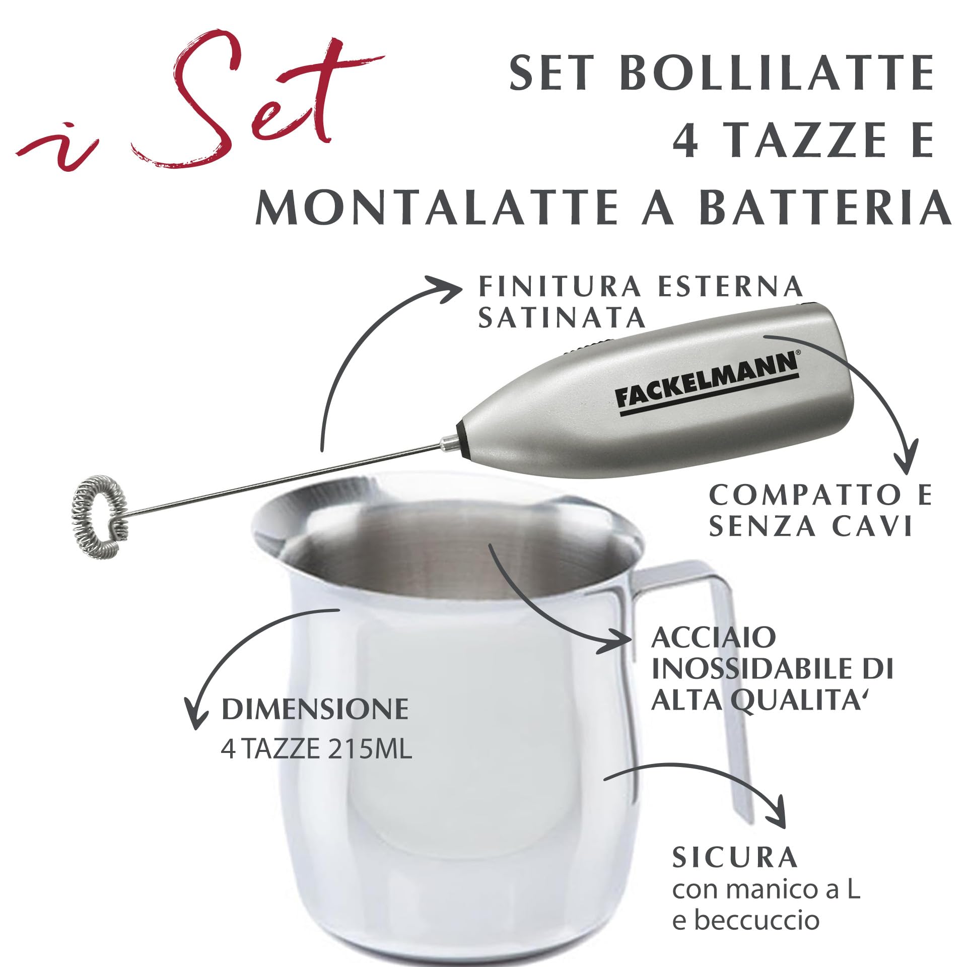 Fackelmann Set Montalatte Portatile e Bollilatte in Acciaio Inox 215ml, Frullino Montacappuccino a Batteria con Frusta Inox per Bevande e Latte Caldo, Versalatte Lavabile in Lavastoviglie