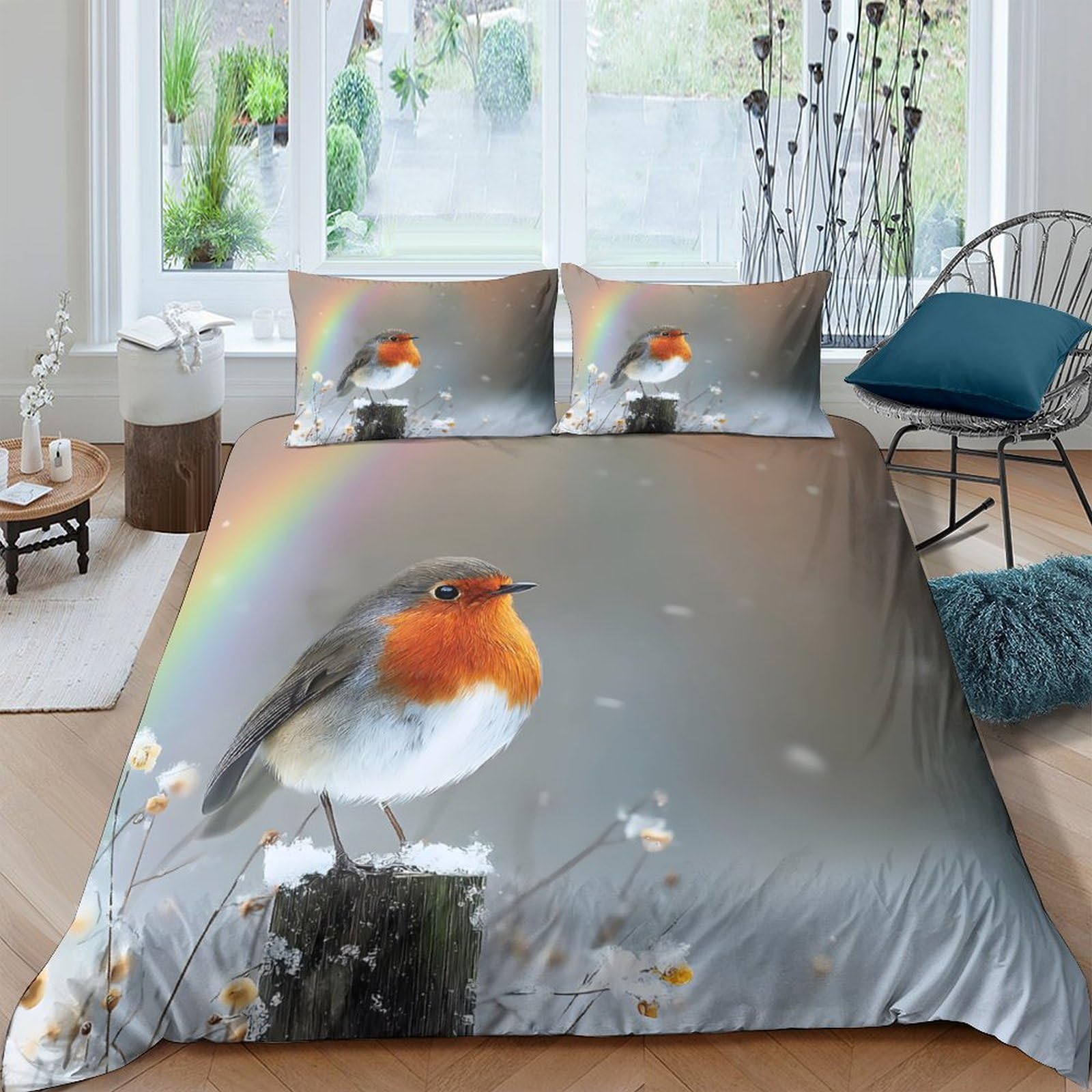 Ctjqhvkz Style-4 3D Printed Robin Bird Fitted Sheet Microfiber Soft Grey Orange Rainbow Bed Cover Anti-Slip Machine Washable Bedroom Home Decor Single（135X200cm）