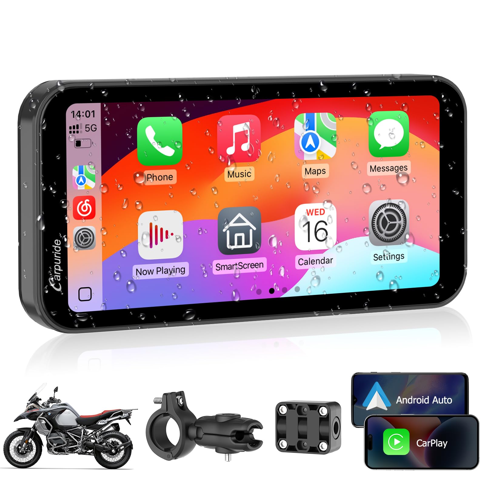 Carpuride W603 Pantalla Carplay para Motocicleta, CarPlay Inalámbrico y Android Auto para Moto, Control Remoto, Pantalla Táctil Impermeable de 6,3", Audio BT, Navegación GPS, Siri, Asistente de G00gle
