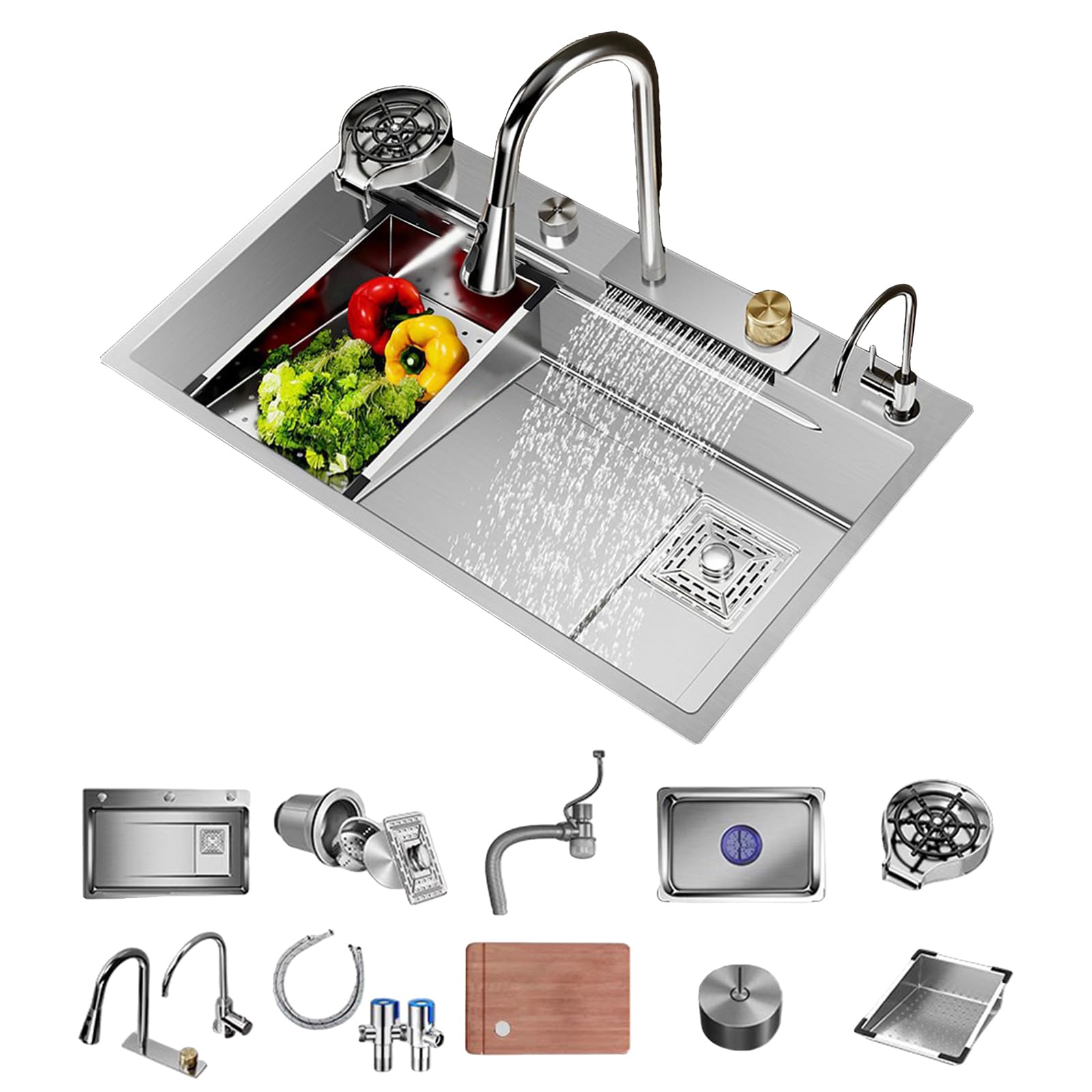 ZQFHSX Stainless Steel Kitchen Sink Workstation with Pull-Out Faucet Drop-In Waterfall Complete Accessories for Home Elegant and Functional Design