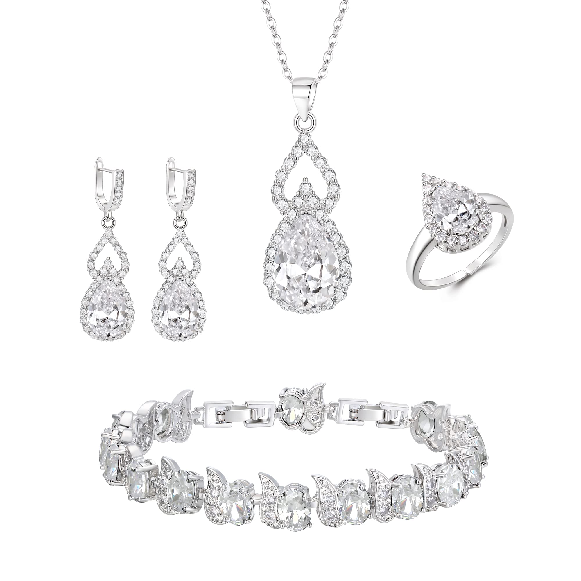 Clearine Juegos de Joyas de Mujer Conjunto de Joyería Chapado en Plata Lágrima Circonita Cúbica Collar Abierto Ajustable Anillo Pendientes Pulsera Juego para Boda/Aniversario/Día de la Madre