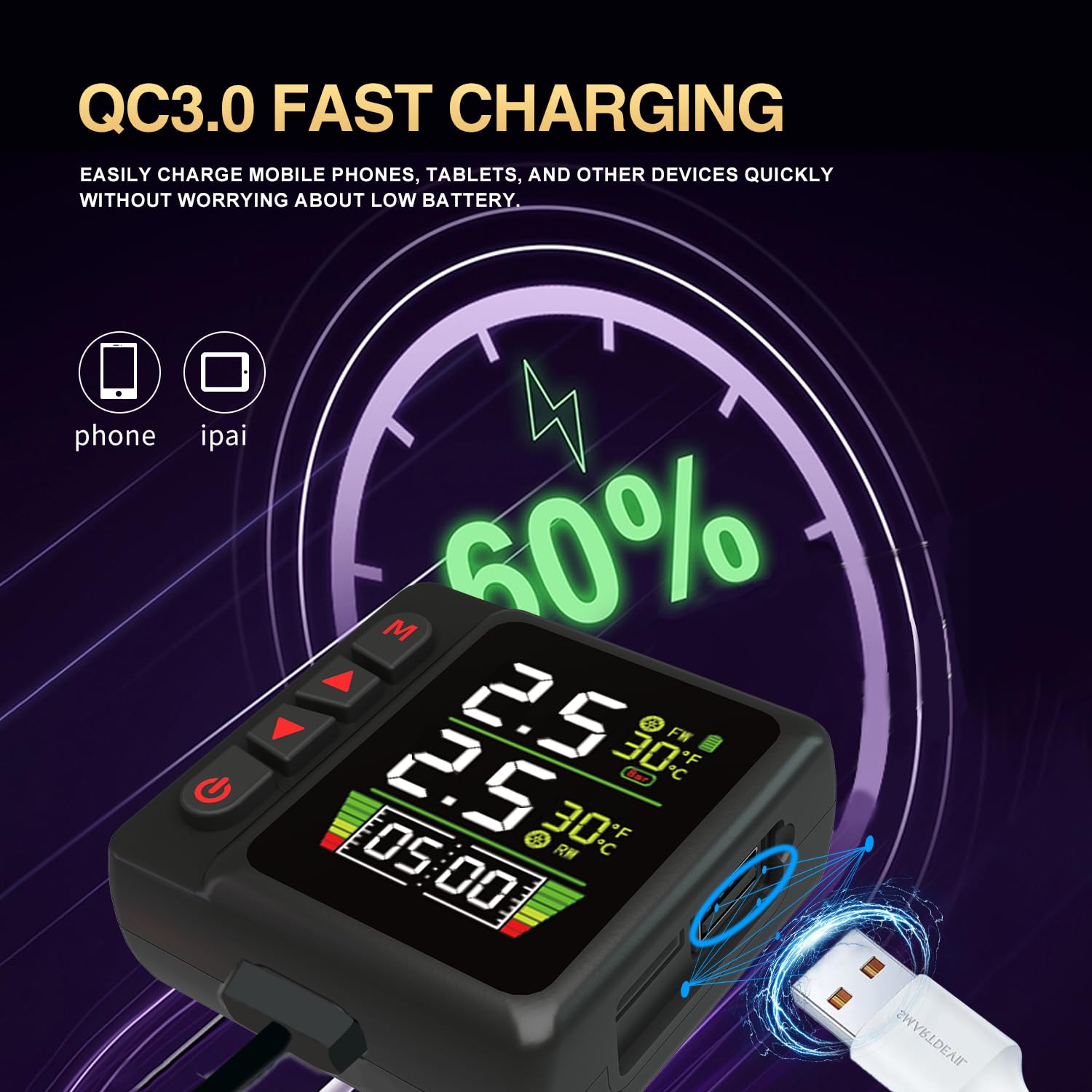 OBEST TPMS display unit with a USB cable connected for QC3.0 fast charging